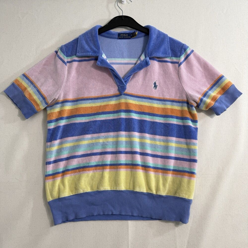 Polo Ralph Lauren Terry Cloth Stripe V-Neck Polo Shirt Multi-Color Size Medium